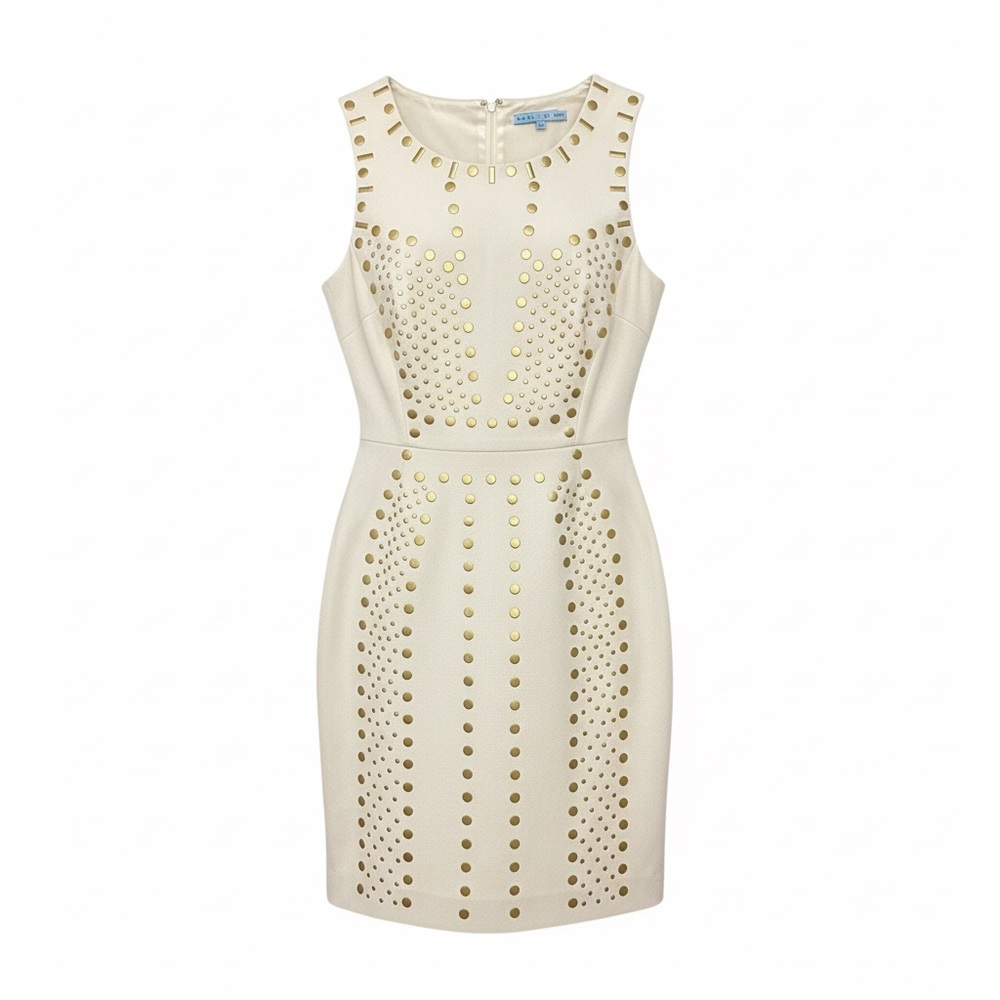 Antonio Melani Dress‎ Bone White Sz 8 Gold Metal Dot Badie Bodycon Career Date